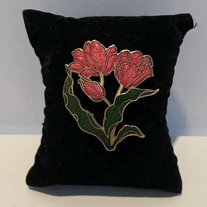 Vintage, Cloisonné Enamel Pink Roses, Flower,  Brooch Pin